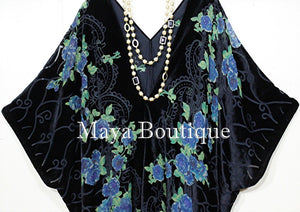 Tea Roses Caftan Kimono Burnout Velvet Black Blue Usa Made Maya Matazaro