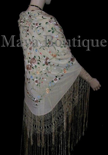 Maya Matazaro Flamenco Embroidered Silk Piano Shawl Wrap Fringed Scarf Beige 84