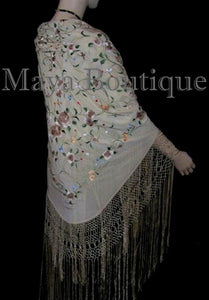 Maya Matazaro Flamenco Embroidered Silk Piano Shawl Wrap Fringed Scarf Beige 84"