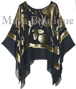 Maya Matazaro Layered Poncho Top Silk Burnout Velvet Chiffon Black Antique Gold