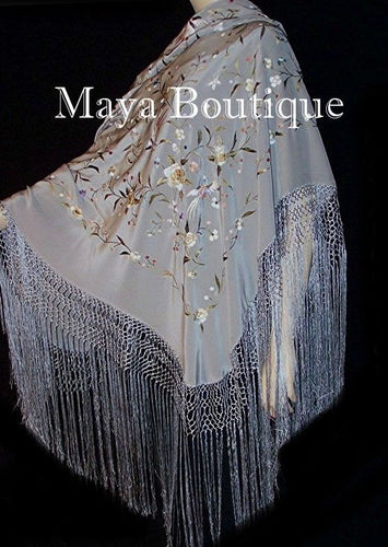 Flamenco Embroidered Silk Piano Shawl Wrap Silver Multi Flower & Birds 84