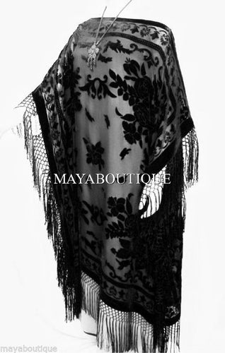 Silk Burnout Velvet Caftan Dress Duster Kimono Black Fringes Maya Dress