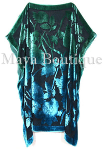 Caftan Dress Kimono Silk Burnout Velvet MAYA Dyed Stained Glass Blue & Greens