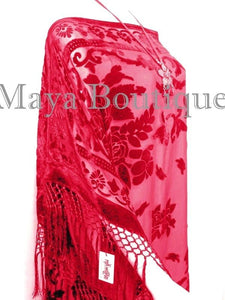 Scarlet Red Silk Burnout Velvet Caftan Dress Duster Kimono Fringe Maya Matazaro