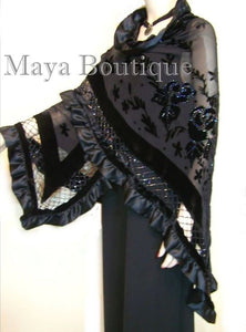 Black Shawl Scarf Wrap Silk Beaded Burnout Velvet Triangle Ruffles Maya Matazaro