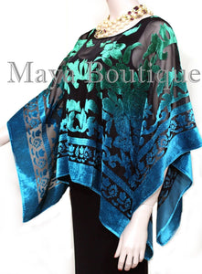 Art To Wear Poncho Top Burnout Velvet Hand Dyed Green Turquoise Maya Boutique