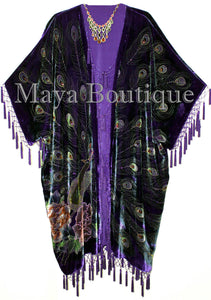 Maya Kimono Opera Coat Duster Beaded Silk Burnout Velvet Peacock Purple PLUS