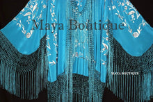 Flamenco Embroidered Silk Fringe Jacket Kimono Teal & Gray Short Maya Matazaro