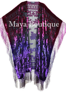 Violet Magenta Wearable Art Kimono Caftan Fringe Jacket Burnout Velvet Hand Dyed