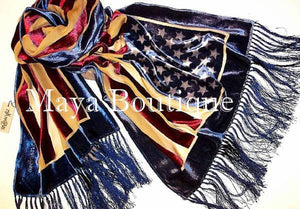 American USA Flag Silk Burnout Velvet Shawl Wrap With Fringes Maya Matazaro