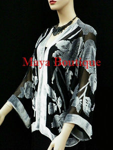 Silk Burnout Velvet Jacket Kimono Short Silver Black No Fringe Maya Matazaro