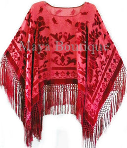Silk Burnout Velvet Poncho Top Fringe Piano Shawl Wrap True Red Maya Matazaro