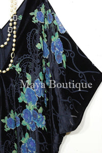 Tea Roses Caftan Kimono Burnout Velvet Black Blue Usa Made Maya Matazaro