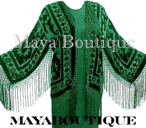 Emerald Green Silk Burnout Velvet Fringe Jacket Short Kimono Maya Matazaro