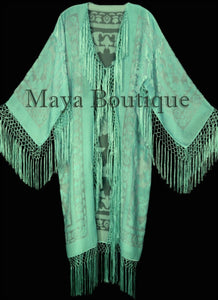 Mint Silk Burnout Velvet Fringes Jacket Kimono Long Coat Maya Matazaro