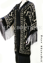 Maya Matazaro Beige & Black Silk Burnout Velvet Fringes Jacket Kimono Long Coat