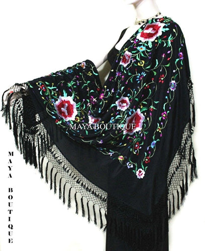 Embroidered Silk Piano Shawl Wrap Flamenco Roses Black Fringe 61