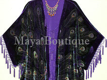 Maya Kimono Opera Coat Duster Beaded Silk Burnout Velvet Peacock Purple PLUS