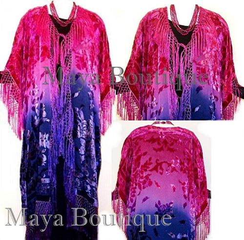 Hand Dyed Kimono Fringe Jacket Duster Silk Burnout Velvet Magenta Purple & Navy