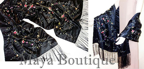 Huge Embroidered Silk Satin Wrap Opera Shawl Scarf Black Multi Floral Maya New