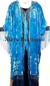 Aqua Kimono Fringe Jacket Opera Coat Silk Burnout Velvet Maya Matazaro USA Made