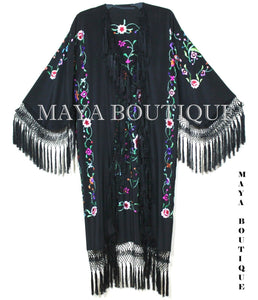 Embroidered Silk Fringe Jacket Flamenco Kimono BLACK & MULTI Maya Matazaro