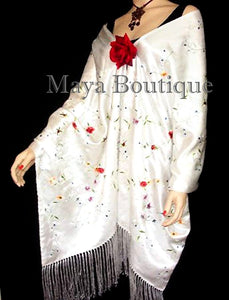 Huge Embroidered Silk Wrap Opera Shawl Scarf White Multi Floral Maya Embroidery