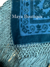Teal Turquoise Piano Shawl Scarf Fringe Wrap Silk Burnout Velvet Maya Matazaro
