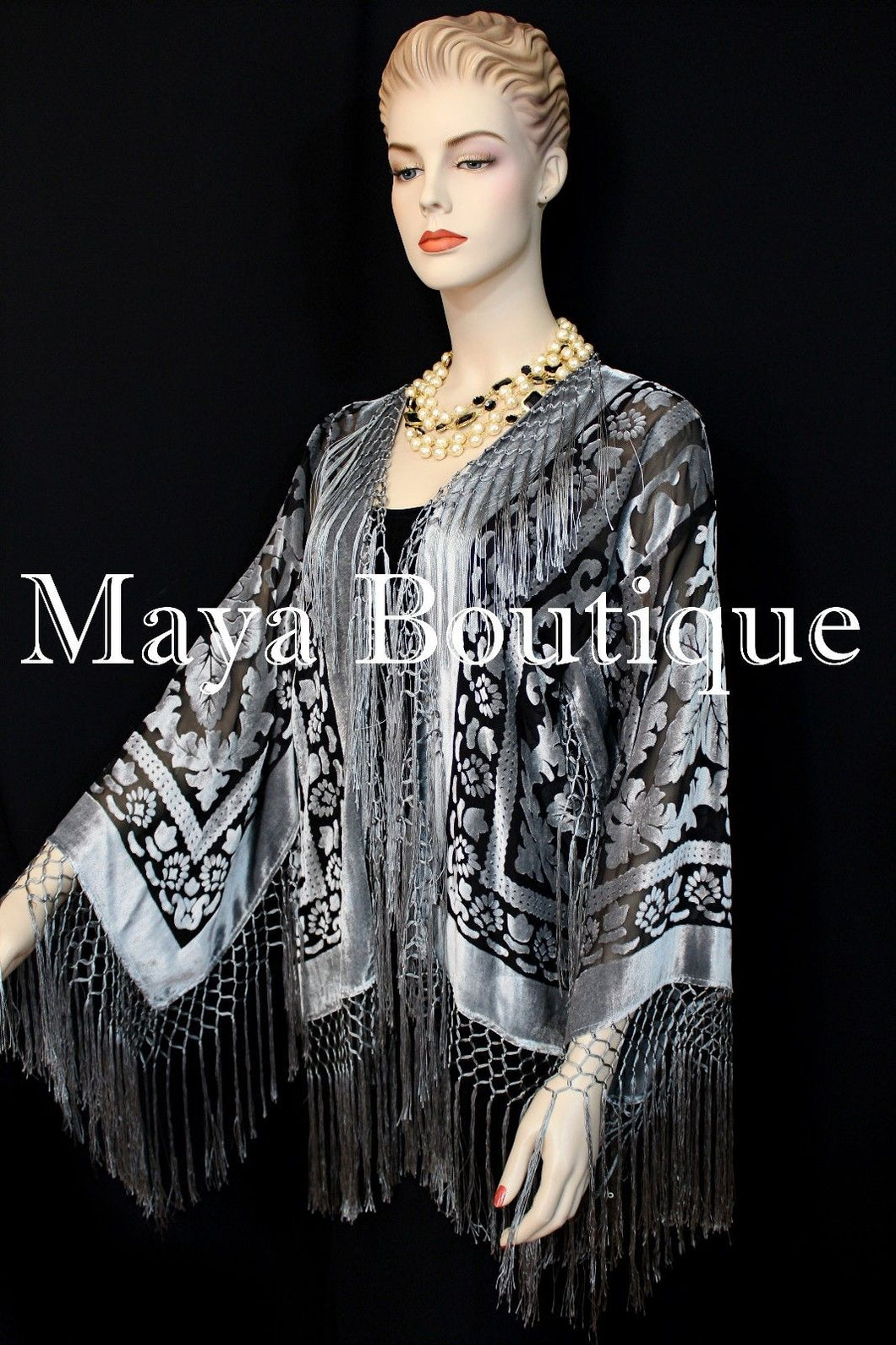 Fringe Jacket Kimono Blazer Burnout Velvet Silver Gray & Black Maya Matazaro