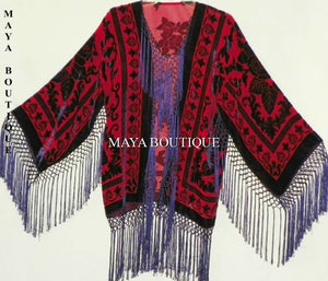 Burnout Velvet Silk Fringe Jacket Kimono Red & Navy Maya Matazaro NEW