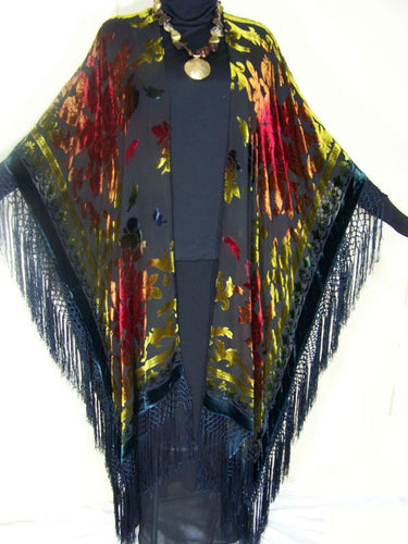 Maya Matazaro Tye Dye Burgundy Teal Multi Fringe Kimono Burrnout Velvet Jacket