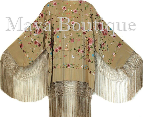 Maya Matazaro Embroidered Silk Fringe Jacket Kimono Coat Wheat Multi Short
