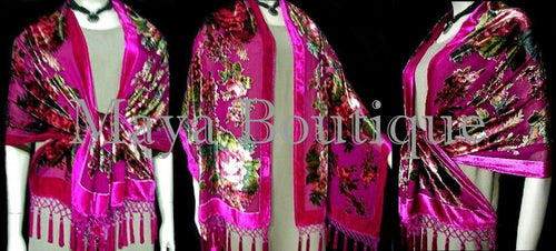 Fuschia Wrap Scarf Shawl Silk Burnout Velvet English Rose Beaded Maya Matazaro