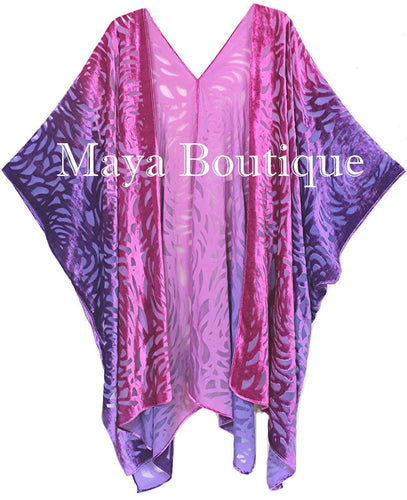 Pink Purple Camellia Burnout Velvet Caftan Kimono Duster Hand Dyed Maya Matazaro