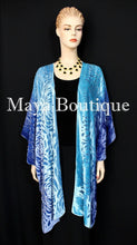 Blue Turquoise Camellia Burnout Velvet Caftan Kimono Hand Dyed Maya Matazaro USA