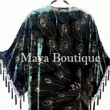 Silk Velvet KIMONO Opera Coat Duster Beaded Black Multi Peacock Maya Boutique