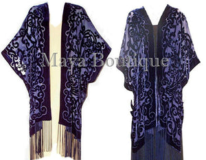 Navy Blue Caftan Kimono Duster Burnout Velvet Art Nouveau Maya Matazaro