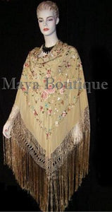 Flamenco Embroidered Silk Piano Shawl Wrap Wheat Floral 84" Maya Matazaro