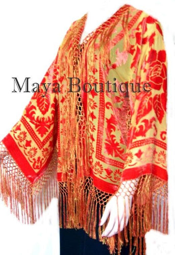 Orange & Gold Burnout Velvet Silk Fringe Jacket Kimono Short Maya Matazaro