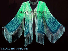 Burnout Velvet Silk Fringe Jacket Kimono Hand dyed Green Teal Maya Wearable Art