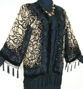 Short Flapper Jacket Kimono Beaded Silk Burnout Velvet Spider Black & Tan New