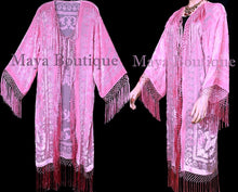 Candy Pink Silk Burnout Velvet Fringes Jacket Kimono Long Coat Maya Matazaro