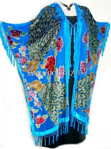 Kimono Opera Coat Beaded Burnout Velvet Peacock & Rose Turquoise Maya Matazaro