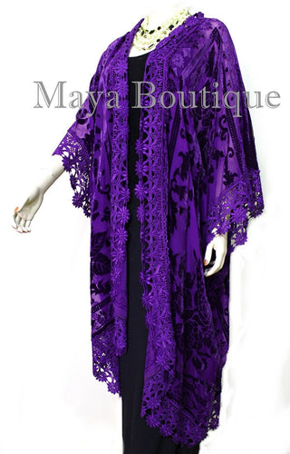 Purple Lace & Burnout Velvet Kimono Caftan Jacket Duster Maya Matazaro Plus
