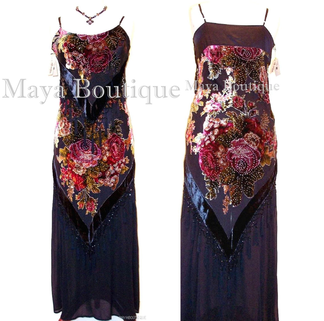 Dress Gown Black Silk Burnout Velvet Beaded Victorian Roses Maya Matazaro L