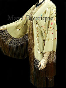 Silk Fringe Jacket Kimono Flapper Coat Embroidered Light Olive Maya Matazaro