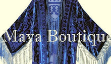 Navy Blue Fringe Jacket Long Kimono Silk Burnout Velvet Maya Matazaro USA Made