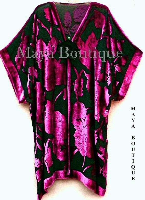 Maya Matazaro Silk Burnout Velvet Jacket Kimono Duster Magenta Black No Fringe