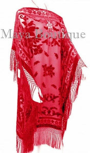 Scarlet Red Silk Burnout Velvet Caftan Dress Duster Kimono Fringe Maya Matazaro