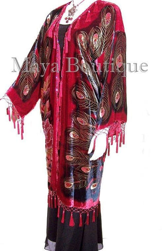 Beaded Peacock Duster Kimono Opera Coat Silk Velvet Red Multi Maya Matazaro